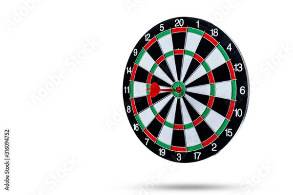 Fototapeta Red dart arrow hitting in the target center is Dart board Isolated on White background
