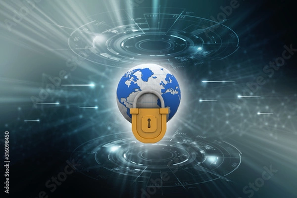 Fototapeta 3d illustration Safety concept: Closed Padlock with globe on digital background