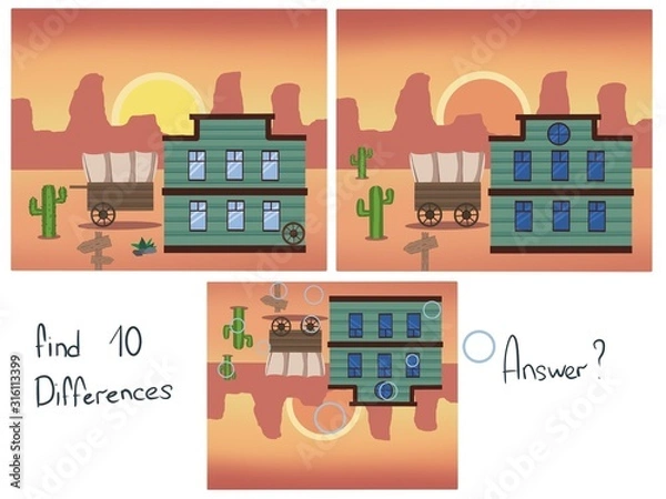 Obraz Find 10 differences. Logical children’s game. Find the differences. West 
