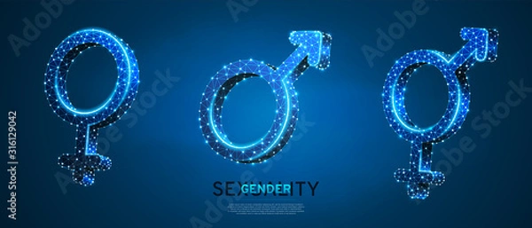 Fototapeta Male and female gender symbol set. Wireframe digital 3d vector illustration. Low poly, men and women, hetero-sexuality concept on blue neon background. Abstract polygonal LGBT sign