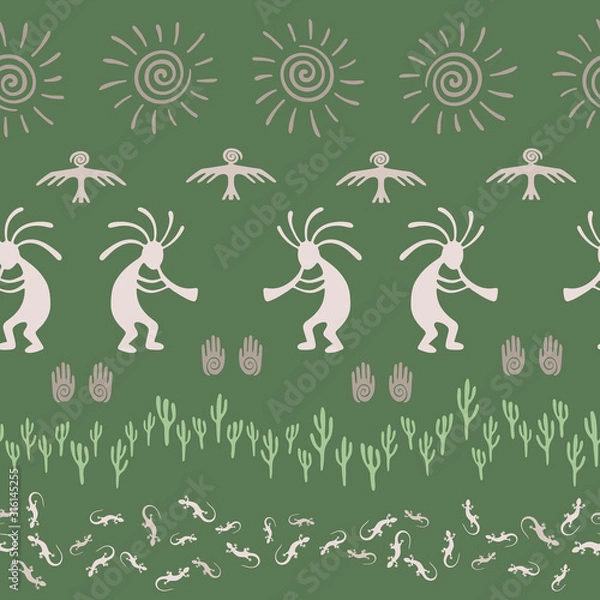 Fototapeta Mythical, design with humpbacked man playing flute musical instrument.