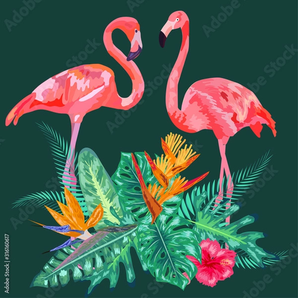 Fototapeta Decorated with exotic rain forest jungle palm tree monstera leaves and couple of pink flamingo birds.