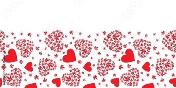 Obraz Heart with marijuana leaves seamless vector pattern border.Valentine's day background