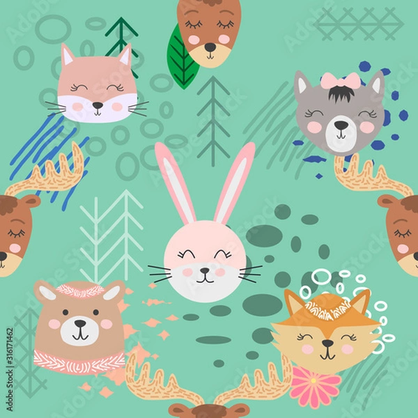 Obraz Hand drawn camping seamless pattern with cartoon characters