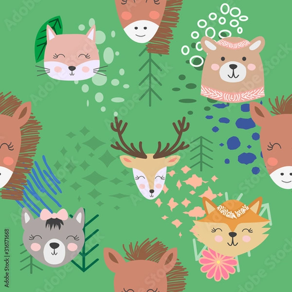 Fototapeta Hand drawn camping seamless pattern with cartoon characters