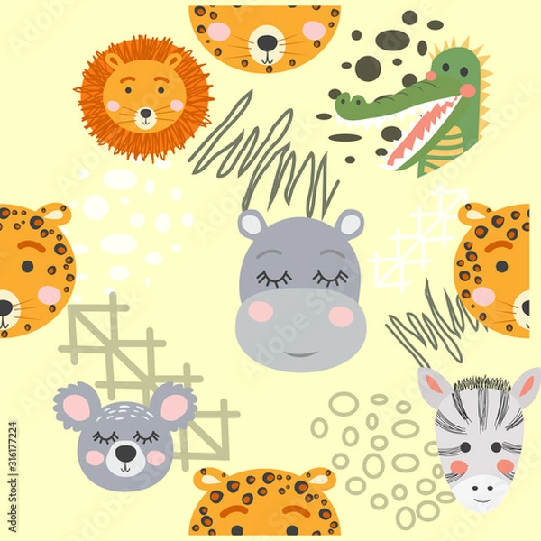 Fototapeta Seamless pattern with rhinoceros, elephant, crocodile. Creative bay animals background.