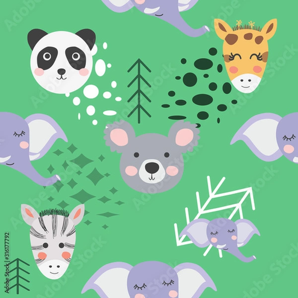 Fototapeta Seamless pattern with rhinoceros, elephant, crocodile. Creative bay animals background.
