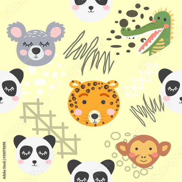 Fototapeta Cute hand drawn nursery seamless pattern with wild animals in scandinavian style