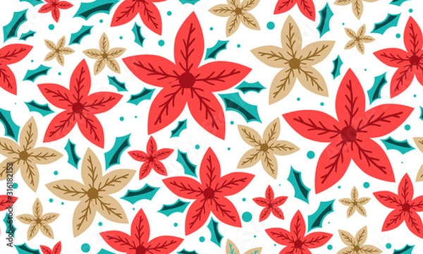 Obraz Beautiful red flower for Christmas, with seamless leaf and floral pattern decor.