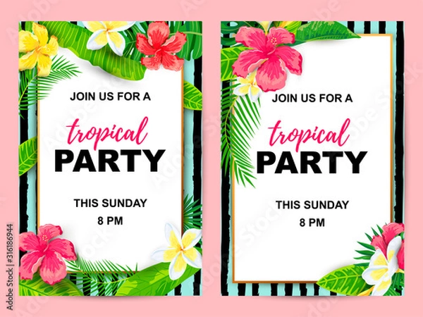 Obraz Summer background with jungle leaves and flowers. Tropical party invitation set. Place for text. Great for flyer, baby shower invitation, wedding, poster.