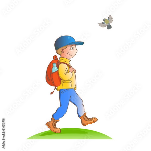 Fototapeta Cartoon happy boy goes on a trip to the nature. With a backpack and a cap. A bird flies nearby. Vector isolated illustration about active lifestyle.