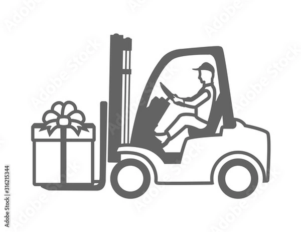 Obraz forklift with driver.loader with a gift box.flat black and white design, isolated on white.