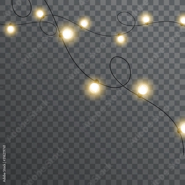 Fototapeta Christmas lights isolated on transparent background. Xmas colorful garland. Vector festive illustration.