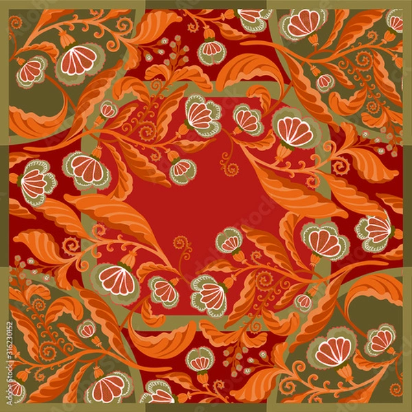 Obraz Silk scarf with abstract flowers vector pattern with hand drawn floral elements.