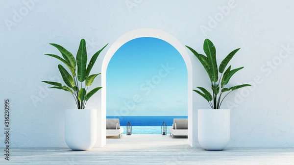 Obraz Brama do morza i życie na plaży - styl wyspy Santorini / renderowanie 3D