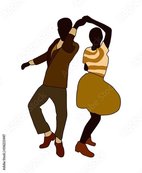 Fototapeta Swing jazz party time. Dancing couples isolated on white in cartoon style. People in 40s or 50s style. Men and women on swing, jazz, lindy hop or boogie woogie party. Vector vintage illustration.