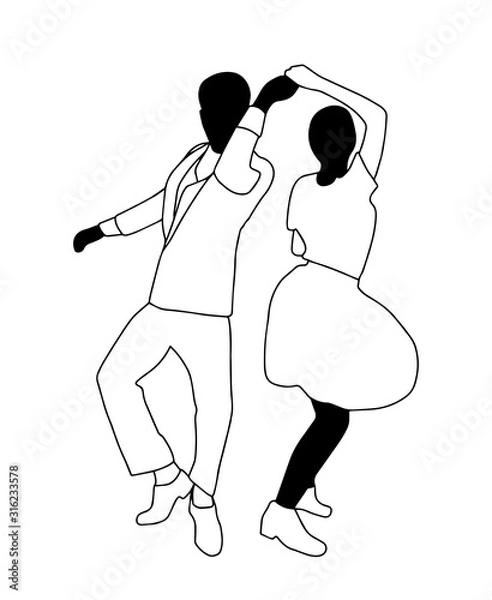 Fototapeta Set swing jazz retro dance. Pait people dancing in vintage style isolated on white background. Outline vector illustration 1940s 1950s. Men and women on swing, jazz,lindy hop or boogie woogie party.