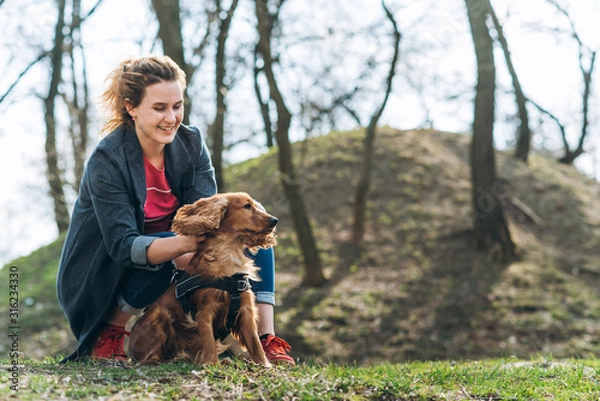 Obraz Candid photo of attractive young curly woman with her brown cocker spaniel posing in the park