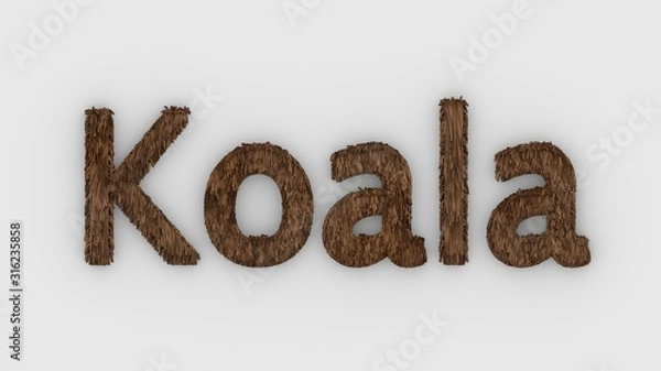 Fototapeta Koala - 3d word brown on white background. render of furry letters. Australia animal, australian emergency, help fire emblem design template. Veterinary clinics animal shelters homeless illustration