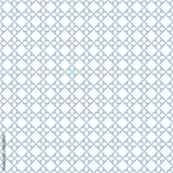 Fototapeta Vector geometric seamless pattern with square grid, net, small diamond shapes, floral figures, repeat tiles. Abstract background texture. Subtle design in soft blue and white colors. Damask pattern