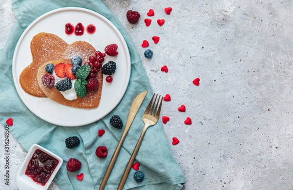 Obraz Romantic Breakfast on Valentine's Day of pancake heart shape, top views, flat lay