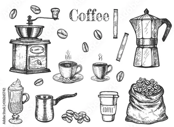 Fototapeta Coffee objects set to make and drink