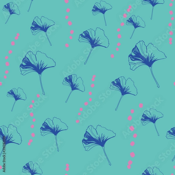 Obraz Vector seamless pattern ginko wax with blue ginkgo leaves, pink dots