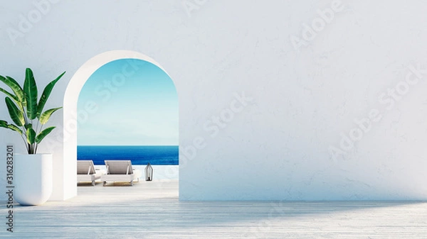 Obraz Brama do morza i życia na plaży - styl wyspy Santorini / renderowanie 3D