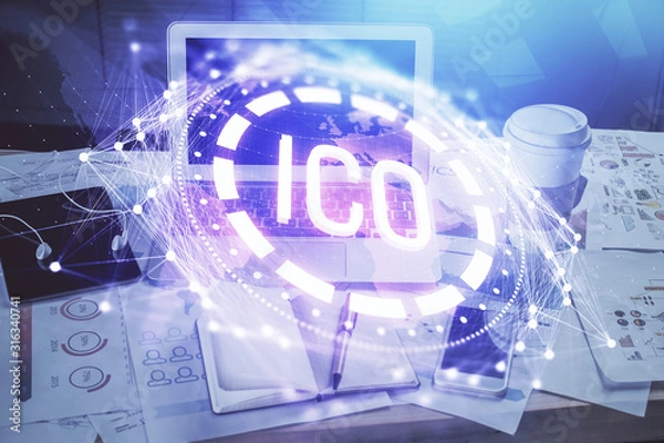 Fototapeta Double exposure of blockchain theme hologram and table with computer background. Concept of bitcoin crypto currency.