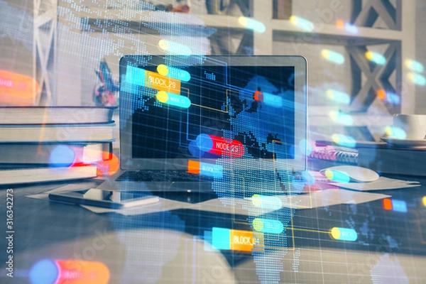 Fototapeta Technology theme drawing and work space with computer. Double exposure. Concept of innovation.