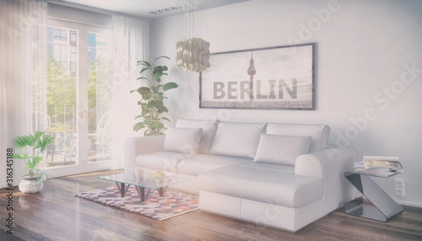 Fototapeta 3d Illustation - Helles Wohnzimmer eines Lofts mit einer großen, hellen Couch - Vintage Look
