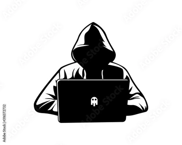 Fototapeta Data security and protection. Mysterious and anonymous hacker man in hoodie jacket looking at a laptop - Black and white vector line art illustration icon.