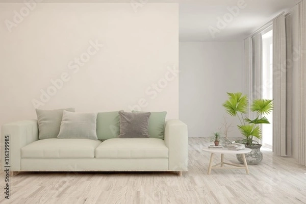 Fototapeta Stylish room in white color with sofa. Scandinavian interior design. 3D illustration