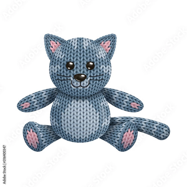 Obraz Illustration of a funny knitted cat toy. On white background