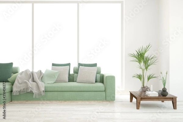 Fototapeta Stylish room in white color with sofa. Scandinavian interior design. 3D illustration