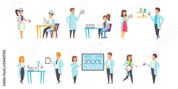Fototapeta Medical laboratories flat vector illustrations set. Experiment, scientific research scenes bundle. Scientists and assistants, chemists, people in medical gowns cartoon characters collection