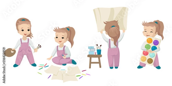 Fototapeta The girl in different poses, draws paint drawing. Vector illustration