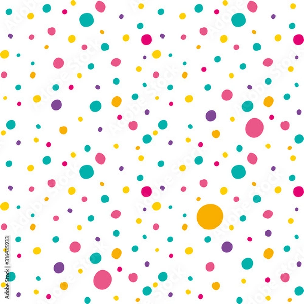 Obraz Bright multi colored polka dot pattern vector seamless background. Different jagged circles randomly arranged isolated on white.