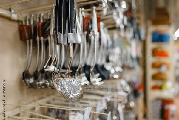 Obraz Tableware on the shelf closeup, houseware store