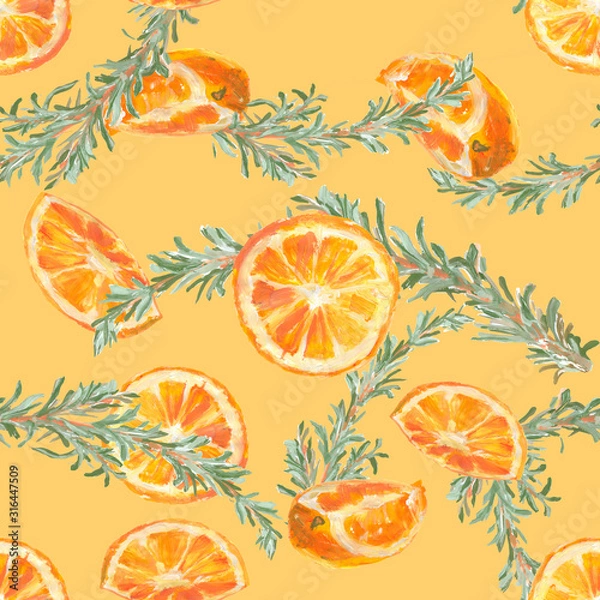 Obraz Watercolor pattern - oranges and rosemary branches. Orange fruits, green spice on a yellow background. A delicious drawing for decorating the kitchen - curtains, wallpapers, tablecloths.