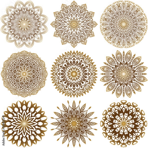 Obraz A collection of nine gold mandalas on a white background. Luxurious vector ornament.  