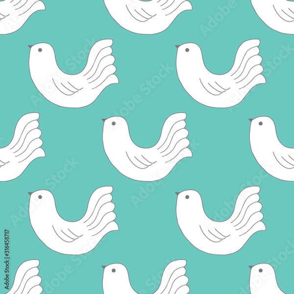 Fototapeta Vector Seamless Pattern of Cute White Flock of Birds. Hand drawn white doves on teal background.