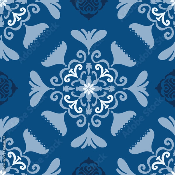 Fototapeta Vector seamless pattern folk art floral tile on classic blue. Hand drawn elements with a slight folk art flair. 
