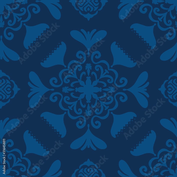 Fototapeta Vector seamless pattern modern abstract floral tile design. Hand drawn elements with a slight folk art flair in a monochromatic classic blue color palette.