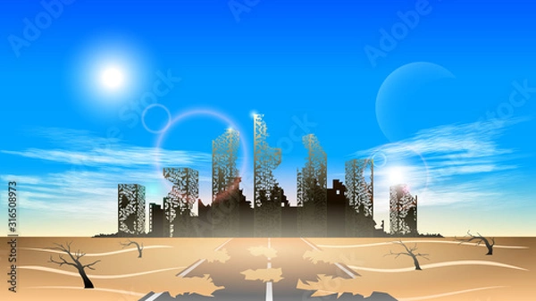 Obraz Panorama of the destroyed city in the desert against the blue sunny sky.