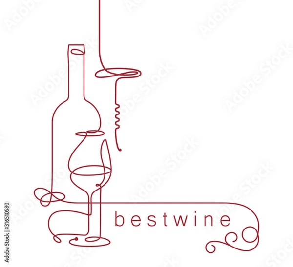 Fototapeta Glass and wine bottle. Single line. Drawing in modern style. Design element for wine tasting, menu, wine list, restaurant, winery, shop, vineyard, booklet, .brochure design. Continuous line
