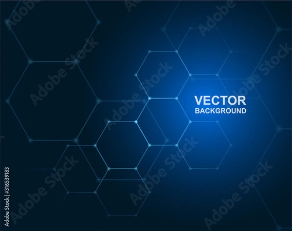 Fototapeta Communications or technology, science concepts. Plexus hexagon connections blue background. Vector.