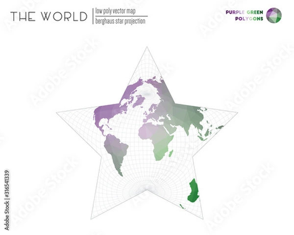 Fototapeta Polygonal world map. Berghaus star projection of the world. Purple and green colored polygons. Trending vector illustration.