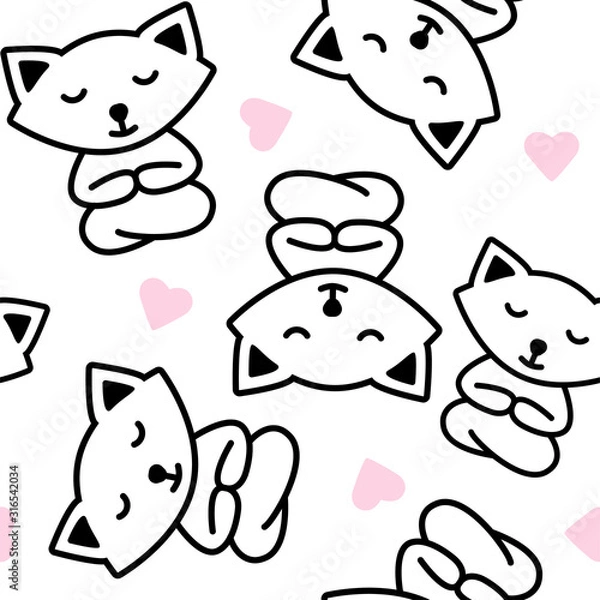 Fototapeta Abstract pink heart and sitting cat seamless pattern background. Cute kitty on white background for card, invitation, album, sketch book, scrapbook, holiday wrapping paper,textile fabric, garment etc.