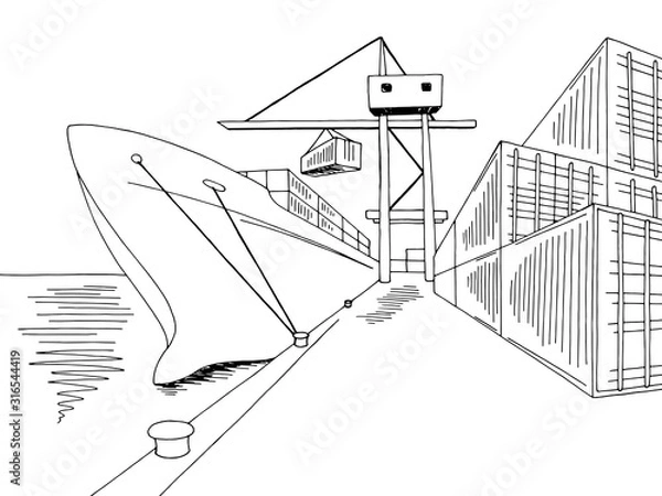 Fototapeta Port loading dry cargo ship graphic black white sea landscape sketch illustration vector